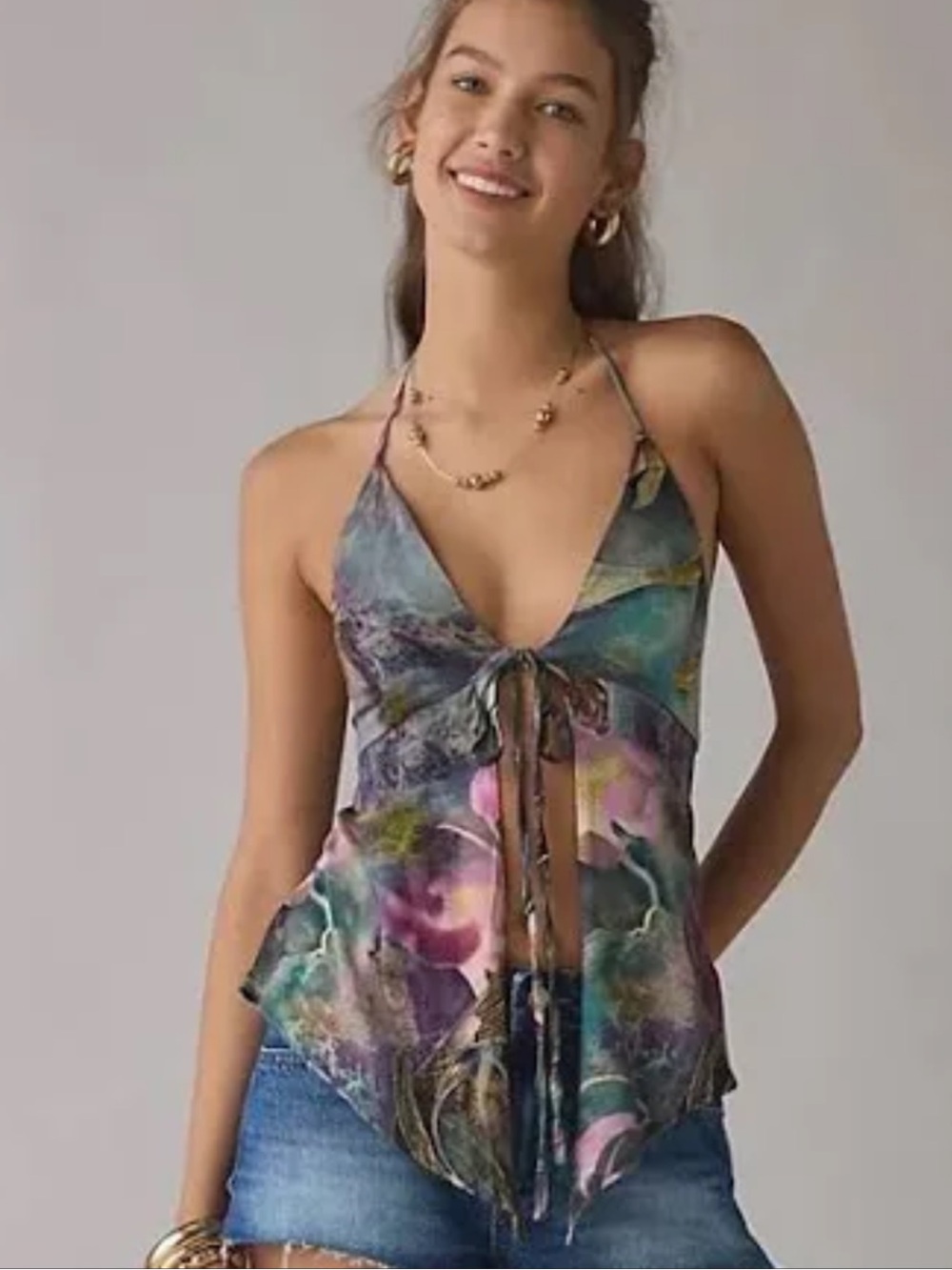 Urban Outfitters Leila Tie Front Flyaway Hanky Hem Top Size Small